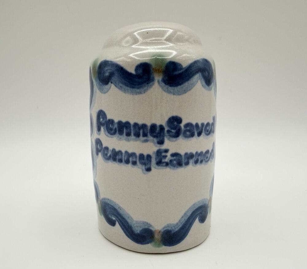 M.A. Hadley Pottery Penny Saved Penny Earned Coin Bank 4.5” Handmade Signed
